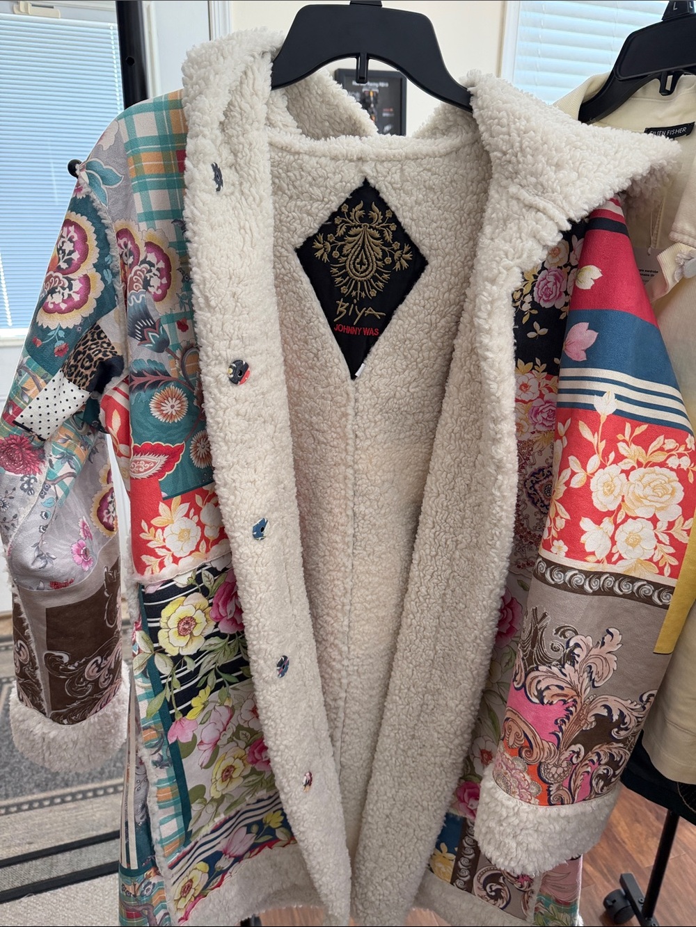 Johnny Was Patchwork Floral Teddy Coat with Cream Sherpa Lining